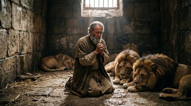Elderly man kneeling and praying in a stone prison cell with lions. Biblical scene of Daniel in the lions den. Religious faith, salvation and courage in a dangerous situation.