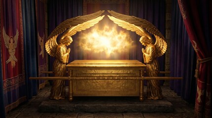 Obraz premium Golden Ark of the Covenant with two cherubims and divine light. Biblical relic and religious artifact in ancient tabernacle. Sacred object of worship and worship history atmosphere.