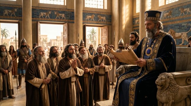 King sitting on throne reading ancient scroll to people in palace. Royal leader in blue robe presenting decree to citizens. Historical biblical scene with crowd in antique architecture.