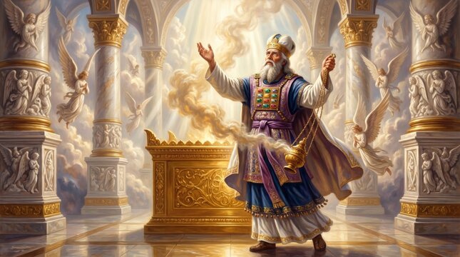 High priest in ancient temple holding golden censer with incense smoke. Biblical scene of religious worship and prayer. Majestic spiritual illustration with angels and divine light.