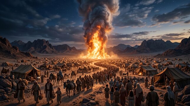 Large group of ancient people including man, woman and child walking toward a giant fire column in the desert. Biblical scene of a divine manifestation. Religious pilgrimage concept.