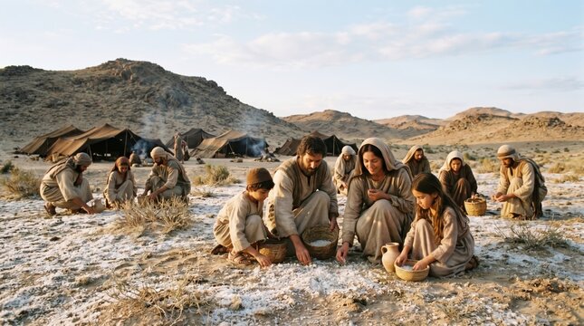 Group of ancient people gathering manna in a desert wilderness. Man, woman, and child collecting food from the ground. Biblical scene depicting exodus journey. Historical religious story.