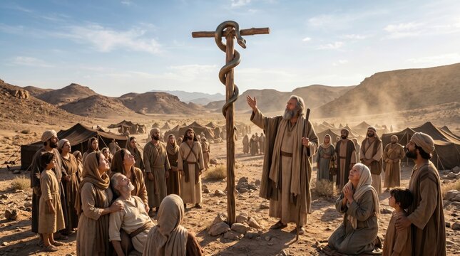 Moses pointing at bronze serpent on pole for Israelites in desert. Biblical miracle of healing from Numbers in Old Testament. Religious scene depicting ancient faith and redemption.