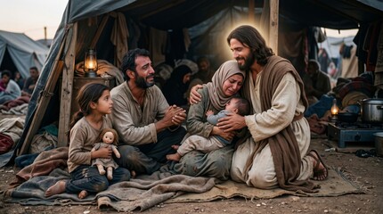 Fototapeta premium Jesus Christ comforting a crying refugee family in a tent. Man, woman, little girl and infant in a camp. Divine support, hope, faith and compassion for war victims, religious art scene.