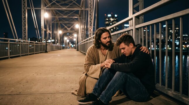 Jesus comforting a sad young man sitting on a bridge at night. Religious figure offering support and guidance to a lonely male. Spiritual healing, compassion, faith and hope concept.