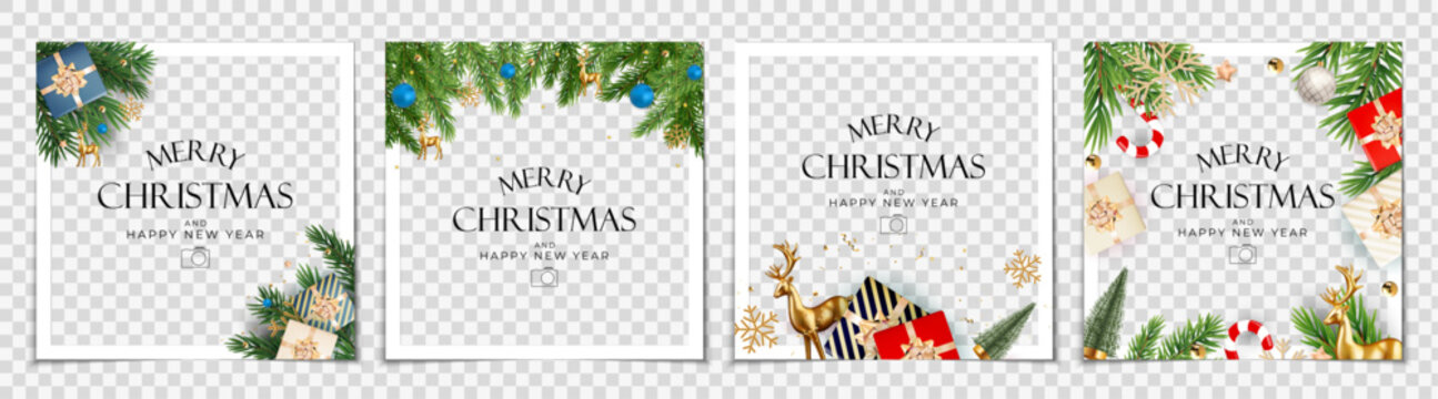 Merry Christmas and Happy New Year festive greeting cards with decorative pine branches and holiday elements isolated on transparent background