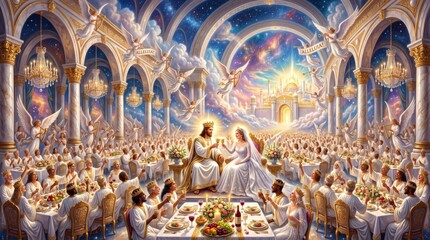Obraz premium Jesus and bride sitting at a banquet table in heaven. Marriage supper of the Lamb with crowd of guests wearing crowns. Biblical scene illustrating divine wedding feast and salvation.