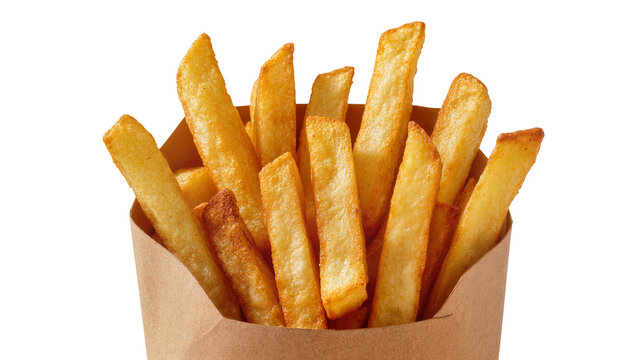 Isolated crispy golden french fries in a rustic paper container, a tasty fast food snack