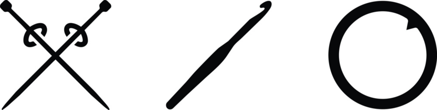 Minimalist black silhouette craft and sport icons of crossed fencing swords, a crochet needle hook, and a circular ring loop and tools