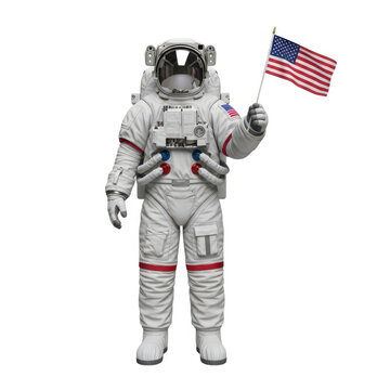 Astronaut in white spacesuit holding american flag in a plain background.