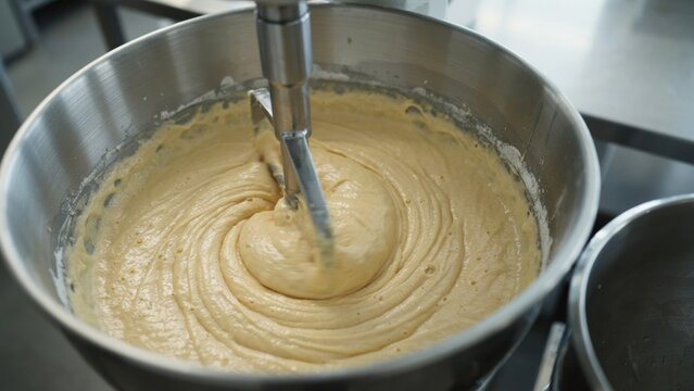 Industrial mixer blending thick yellow batter in a large stainless steel bowl