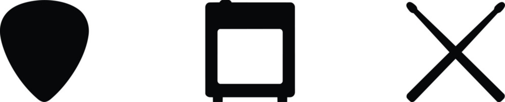 Musical equipment icons featuring a black guitar pick, a minimalist combo amplifier, and crossed drumsticks for rock and roll bands and music