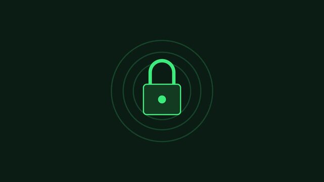 Digital security padlock with pulsing signal waves animation for cyber protection and data privacy concepts 4k
