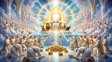 Obraz premium Divine throne of God with four living creatures and elders casting crowns. Biblical scene of worship in heaven with angels, rainbow and thunder. Spiritual religious art concept.