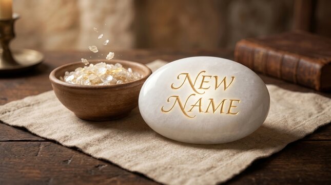 White polished stone with embossed text New Name placed on wooden table with bowl of crystals. Spiritual transformation and identity concept. Symbolic object for personal growth and change.
