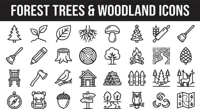 Forest trees and woodland nature icons set featuring outdoor elements in a clean black line art style
