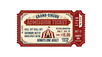 Vintage Grand Circus Admission Ticket with Detachable Stub, Retro Design © Tulang