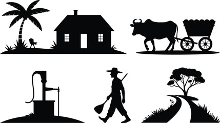 Set of rural village life silhouettes icons including farmer ox cart house palm tree and water well with silhouette agriculture countryside landscape lifestyle traditional collection © MstAsmaAkter