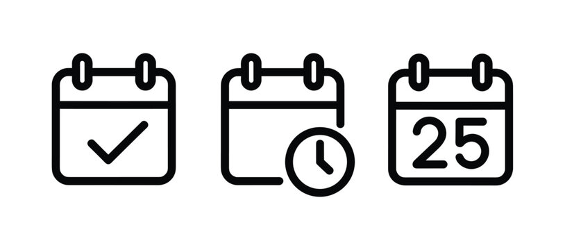 Calendar Icons Set. A collection of simple outline calendar icons, including one with a checkmark, another with a clock, and a third showing the date '25'.
