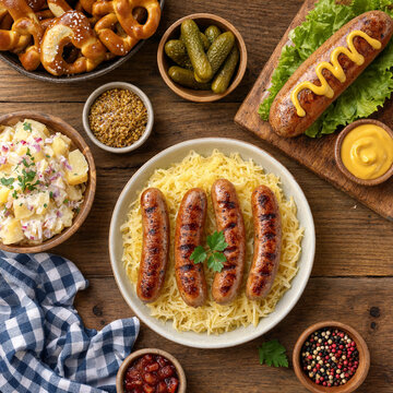 Traditional german food spread featuring grilled sausages, sauerkraut, pretzels and pickles