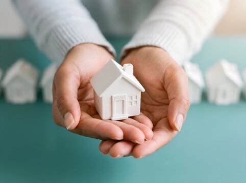 Hands cupping white miniature house model with blurred houses in teal background, real estate