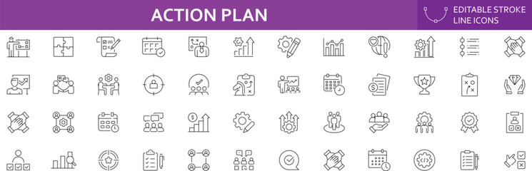 Fototapeta premium Action Plan Icon Set. Illustrating Planning Workflow, Goal Setting, Task Execution, Progress Tracking, Teamwork and Strategic Business Management. Editable Stroke. Vector Illustration