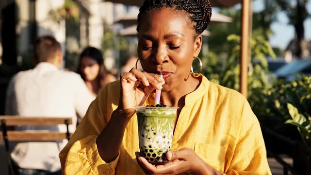 Woman in yellow shirt smiling and holding a matcha bubble tea with boba pearls