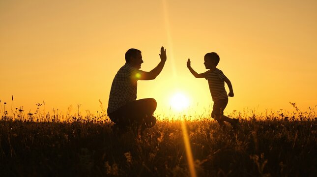 Father giving son high five. Parent child relationship concept