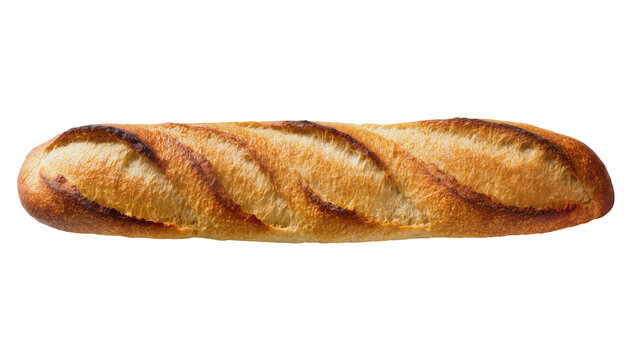 Isolated freshly baked French baguette with golden crust, a classic artisan bread for breakfast