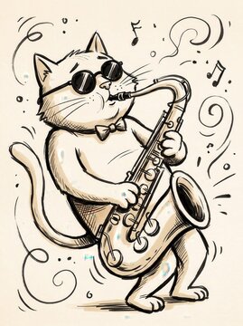 Cartoon cat wearing sunglasses and bow tie playing saxophone line art