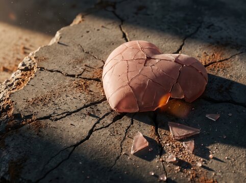 Cracked pink glass heart on broken concrete ground in sunlight