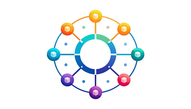 Circular infographic diagram with colorful nodes representing data connections and network structure, abstract concept for analysis