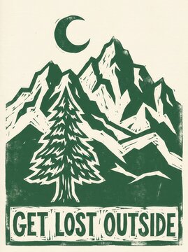 Mountain range pine tree crescent moon linocut print dark green cream GET LOST OUTSIDE