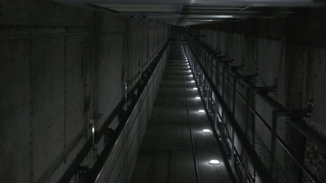 Elevator shaft interior with guide rails and maintenance lighting
