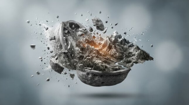 Exploding walnut shell containing a miniature mountain landscape