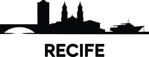 Obraz premium Recife city skyline silhouette featuring a historic bridge, prominent cathedral towers, and a small motor boat docked near the harbor and arched South
