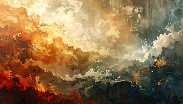 Abstract textured background with fiery orange, golden yellow, and deep grey clouds, evocative of cosmic dust or dramatic weather patterns