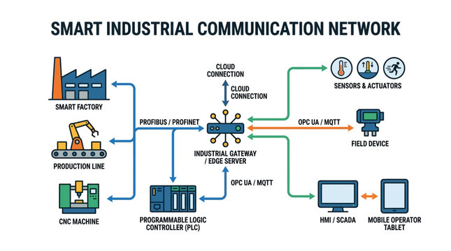 Smart Industrial Communication Network Diagram: Factory, IoT, Cloud, PLC, Sensors