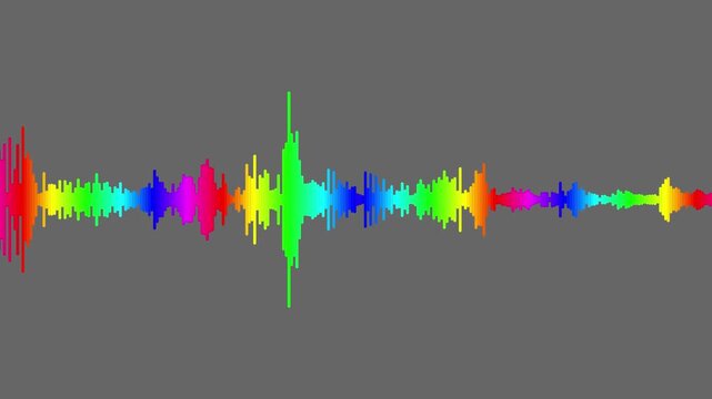 Dynamic rainbow audio waveform visualization on grey background, sound spectrum