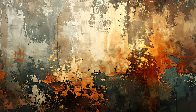 Abstract textured background with rust, grunge, and distressed paint effects, warm color palette, detailed and artistic