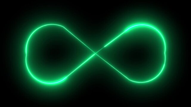 Glowing green infinity symbol loop animation on black background, neon