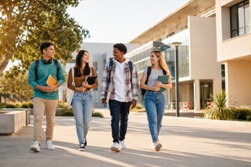 Fototapeta premium Four university students walking happily on campus during daytime