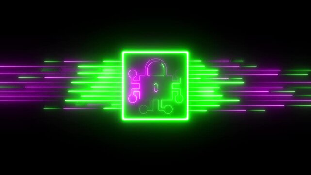 Neon cyber security lock with digital data stream animation for network protection digital lock neon data protection