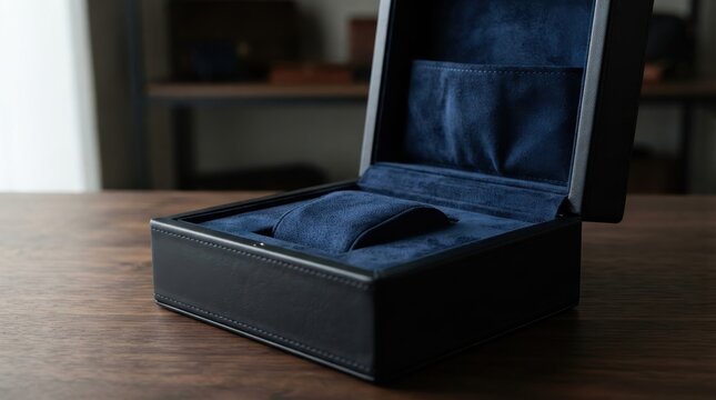Open empty luxury watch box on wooden table