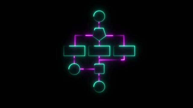 Neon flowchart diagram animation: digital business process and data workflow concept glowing