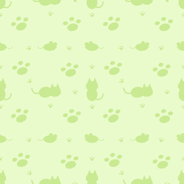 Cute Mint Green Pastel Cat Mouse and Paw Prints Seamless Pattern