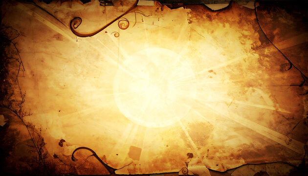 Aged parchment background with sunburst, ornate scrollwork, burnt edges, and textured grunge effects, suitable for vintage designs and historical themes