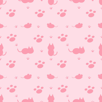 Cute Pink Pastel Cat Mouse and Paw Prints Seamless Pattern