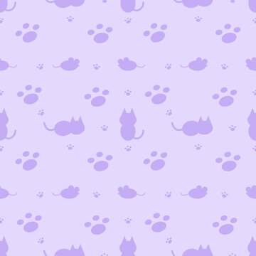 Cute Purple Pastel Cat Mouse and Paw Prints Seamless Pattern