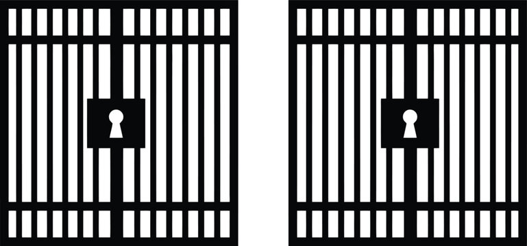 Black iron prison gates with keyhole symbols isolated on a plain white background for security concepts